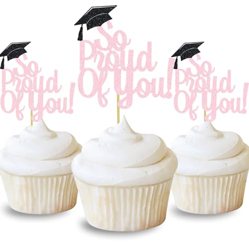 DOMOO OF DREAMS So Proud Of You Cupcake Toppers Graduation Decoration Food Picks Congrats Grad Party Supplies Pink