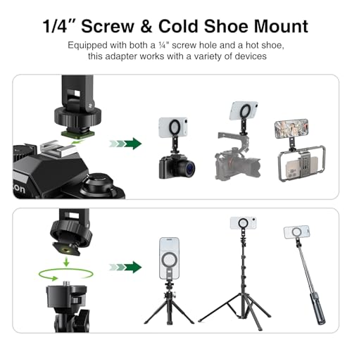 Image of elitehood Magsafe Tripod Mount Adapter with 1 /4 inch Screw & Hot Shoe, Lightweight Compact Cell Phone Tripod Mount for Camera, iPhone Camera Holder with Dual Hinges for iPhone 17 16 15 14 13 Series
