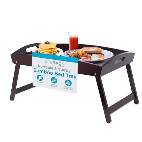 BirdRock Home Bamboo Bed Tray | Wooden Curved Sides Breakfast Serving Tray with Folding Legs | Walnut by BIRDROCK HOME - Used condition - US$27.13