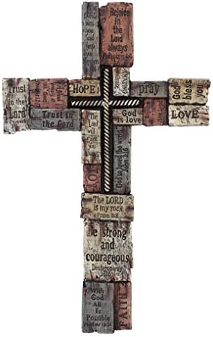 Rainbow Wholesale Inc Large Wall Cross with Inspirational Sayings/Scripture, Faux Wood Texture & Iron Cross Center