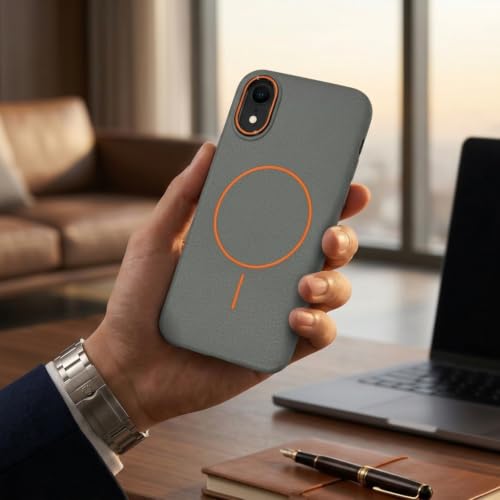 Image of amazon basics Luxury MagSafe Compatible Leather Texture Back Cover for iPhone XR | Raised Camera Protection | Slim Fit Shockproof Case with Metallic Accents (Gray)