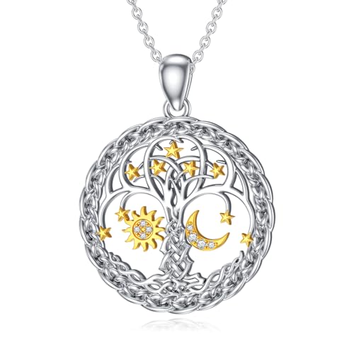 Diamond Sun and Moon Tree of Life Necklace for Women in 925 Sterling Silver