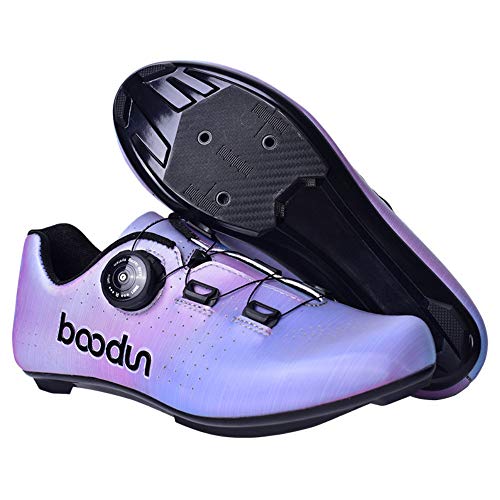 boodun Zapatillas De Ciclismo Mujer,con Bloqueo Bicicleta De Carretera Zapatillas De Ciclismo De Carretera para Mujer Parte Inferior Dura De Nailon,Purple-39EU