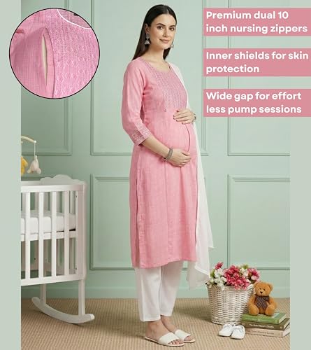 Image of DUMMY SHAPE Feeding Dresses for Women Full Set | Cotton Blend Floral Embroidered Kurta Pant Dupatta Suit with Nursing Zippers to Pre & Post Pregnancy | Gift for Pregnant Woman