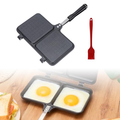 TOATELU Sartén de aluminio de doble cara con revestimiento antiadherente, sandwichera con pincel de aceite, sartén para panqueques con mango de bloqueo, para cocina y desayuno, apta para cocinas de