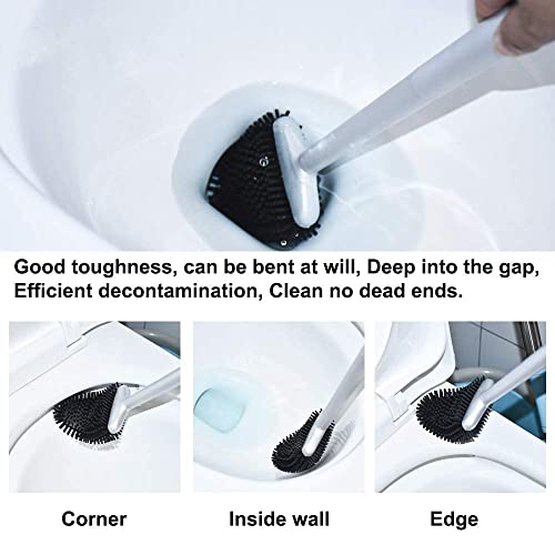 Image of Sellemer Silicone Toilet Brush, Ventilation Slots Base Holder 2 Pack Silver | Flexible Bristles Flat Head for Rim, Hair Tangle-Free, Easy to Clean, Compact Design, Rustproof Handle, for Toilet /Sink /Tub
