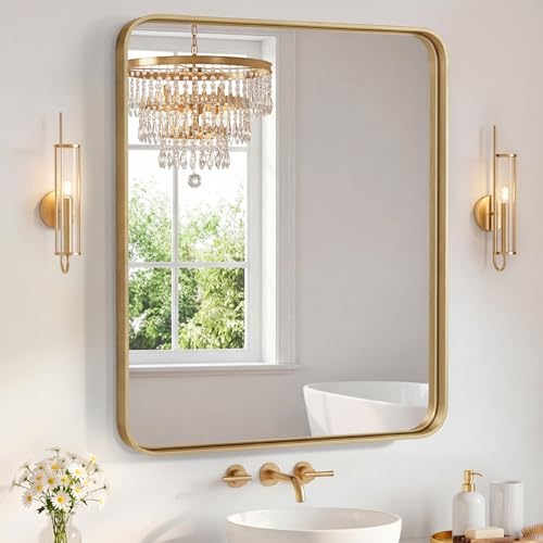 Image of Sweetcrispy Bathroom Mirror 48x36 Inch Metal Framed Rounded Rectangle Vanity Mirror for Wall, Over Sink, Farmhouse, Restroom, Anti-Rust, Modern Decorative, Horizontal or Vertical Hanging, Gold