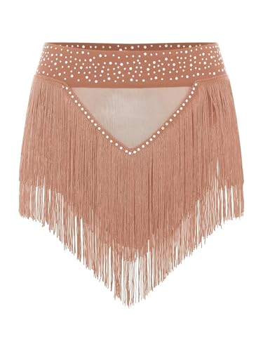 WDWQVQGF Womens Shiny Rhinestone Tassel Fringe Dance Skirt Ballroom Latin Salsa Tango Samba Rumba Dancing Performance Costume For Dance and Performance(Brown,L)