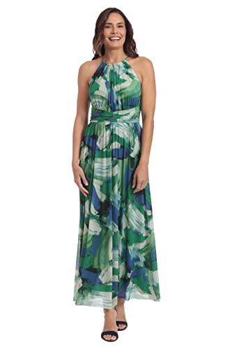 Image of London Times Women's London Times Mesh Halter Maxi Dress with Ruched Waistband Flowy Bohemian Beach Dresses