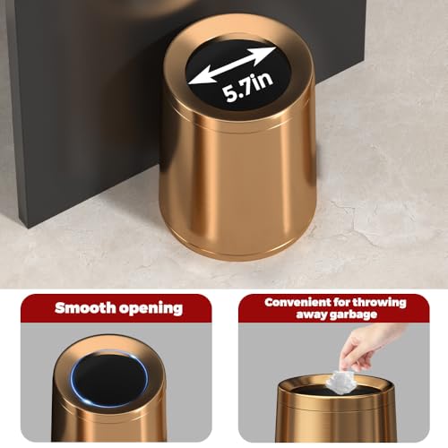Image of 10L /2.6 Gallon Rose Gold Stainless Steel Trash Can,Brush Gold Bathroom Garbage Can,Open Top Trash can for Bathroom,Bedroom,Hotel,Kitchen,RV (Rose Gold)