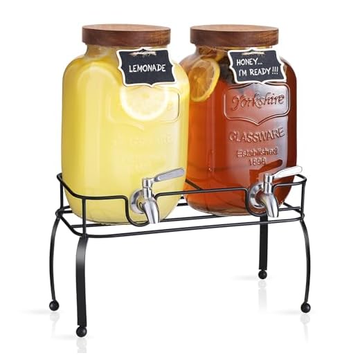mustry Glass Drink Dispenser for Parties, 1 Gallon Beverage Dispenser with Stand and Spigot Solid Stainless Steel, Used as Lemonade Dispenser Sun Tea Jar Kombucha Jar, Set of 2