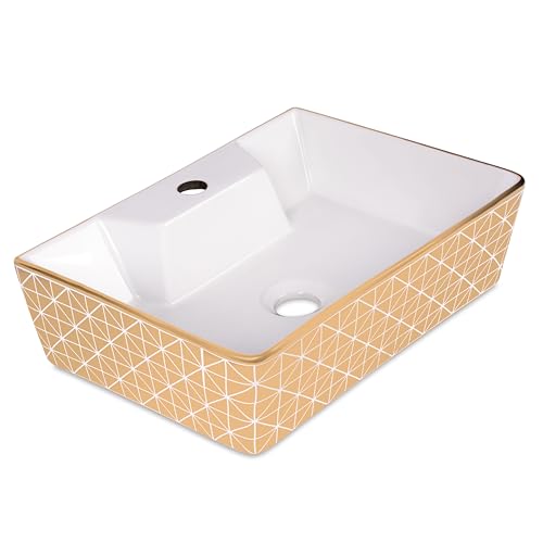 Image of Bonkaso ALTO 1005 Designer Ceramic Table Top Wash Basin | White & Gold Checked Rectangular Countertop Vanity Sink | 41 x 30 x 13 cm | Premium Glossy Finish Bathroom Basin