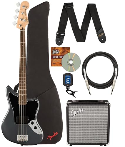 Fender Affinity Series Jaguar Bass H - Paquete metálico de carbón con amplificador Rumble 15, bolsa de...