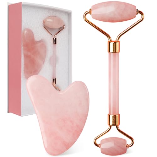 BAIMEI Jade Roller & Gua Sha, Face Roller, Facial Beauty Roller Skin Care Tools, Self Care Pink Gift for Men Women, Massager for Face, Eyes, Neck, Relieve Fine Lines and Wrinkles - Rose Quartz
