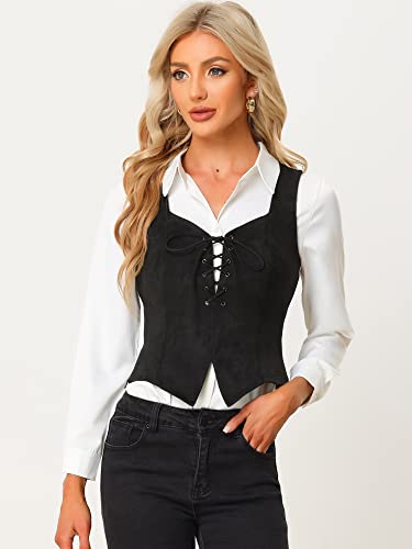 Allegra K Women's 2025 Vintage Faux Suede Vest Jacket Sweetheart Neck Sleeveless Lace Up Waistcoat Vest3