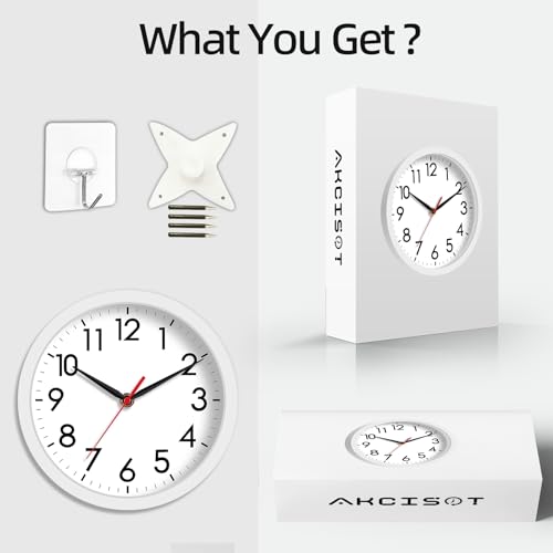 Image of AKCISOT Wall Clock, Modern Small Wall Clocks Battery Operated 8 Inch, Silent Non-Ticking Analog Classic for Office, Home, Bathroom, Kitchen, Bedroom, School(White)