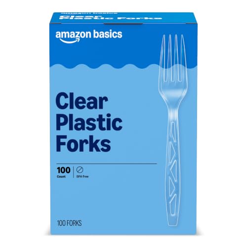 Image of Amazon Basics Disposable Clear Plastic Forks, Premium Quality, 100 Count, Large Pack, Packaging May Vary