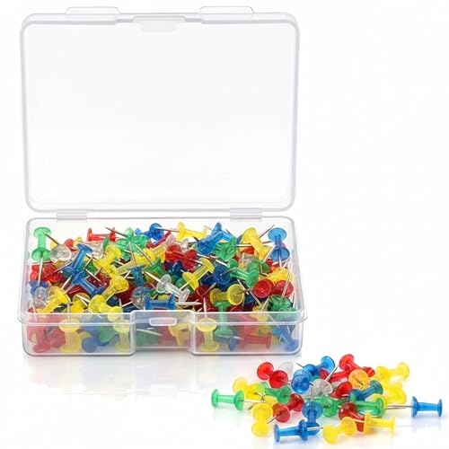 Image of 100 Pieces Steel Push Pins with Colourful Top, Durable, Strong & Sharp Thumb Tacks Pins for Notice Boards, Office & Home