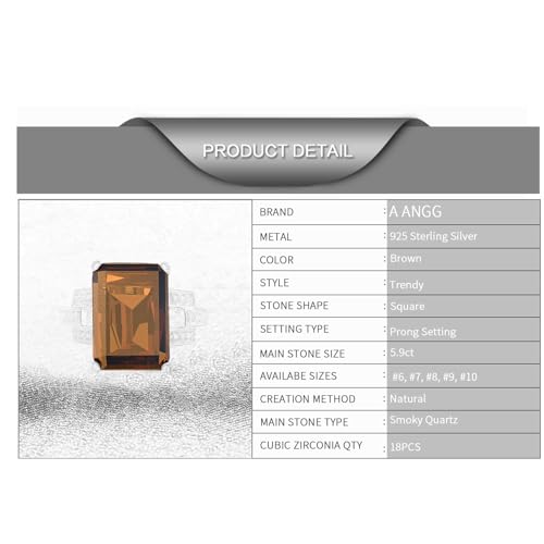 925 Sterling Silver Women Rings 5.9ct Smoky Quartz Statement Rings for Women Girls Cubic Zirconia Engagement Wedding Jewelry Size 6-104