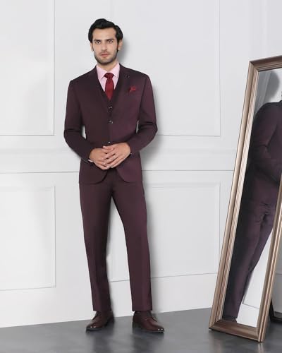 Image of Blackberrys Men Polyester Solid Slim Burgundy Peak Suit