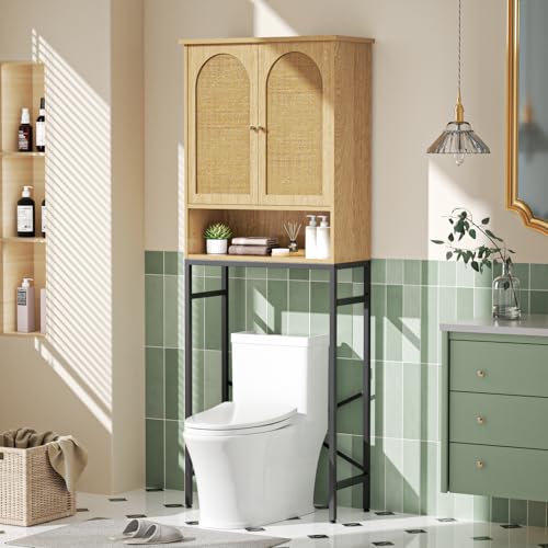 Rattan Toilet Storage Cabinet, Over the Rack Wood Cabinet with Metal Stand, Bathroom Organizer with...
