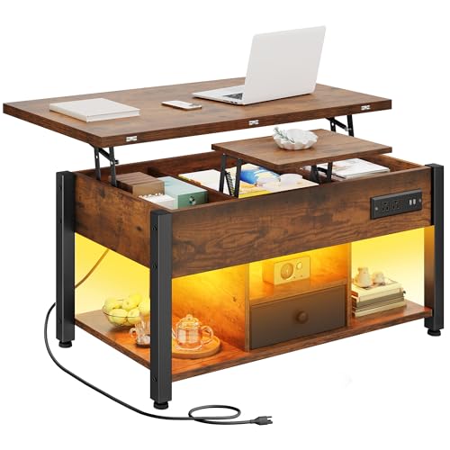 YITAHOME 4-in-1 Lift Top Coffee Table with RGB Light & Dual Tops, Multi-Function Table with Power Outlets, Storage, Converts to Dining Table Computer Desk Gaming Hub, Living Room, Home Office, Brown