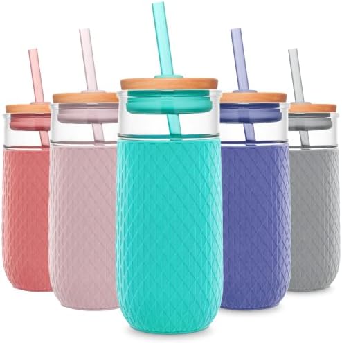 Ello Devon Glass Tumbler , Protective No Sweat Silicone Sleeve and Splash Proof Wooden Detail Lid with Straw, 18 oz