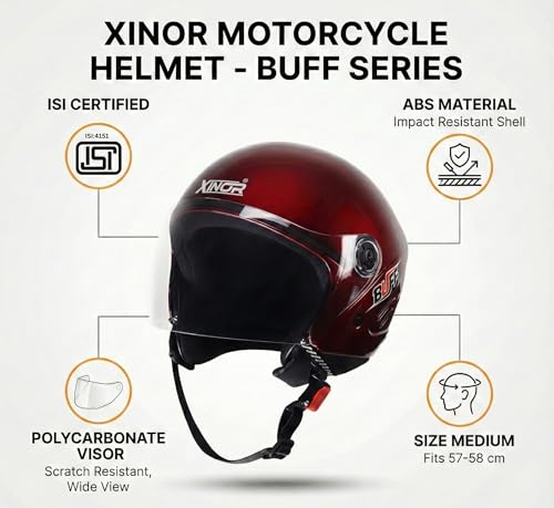 Image of Buff Open Face Helmet for Men & Women | ISI Certified is 4151 | Lightweight Bike Helmet with Clear Visor & Adjustable Strap for Scooter Motorcycle - Medium