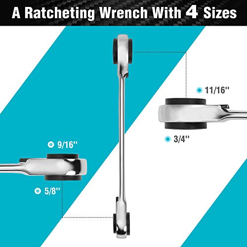 Duratech Reversible Ratcheting Wrench Set, 4 In 1 Double Box End Wrench Set, Sae, 2-Piece, 5/16, 3/8, 7/16, 1/2 & 9/16, 5/8, 11/16, 3/4-Inch, Cr-V Steel, Mirror Polished, With Rolling Pouch #TOP1