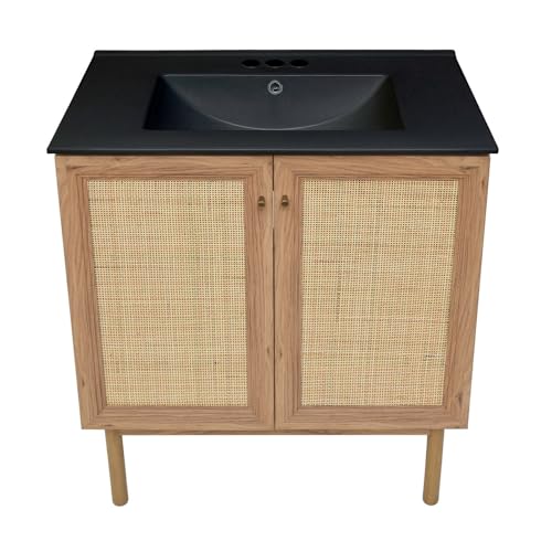 Image of Swiss Madison Classe 30 in. Brown Oak Bathroom Vanity with Black, 3-Hole Ceramic Sink Top