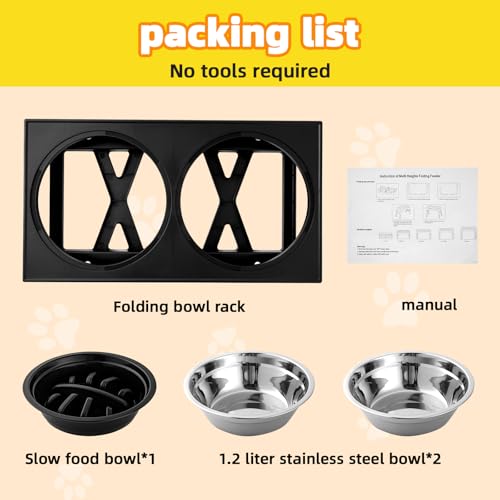 Hundenapf Erhöht, Höhenverstellbarer Hundenapf Grosse Hunde - 2X Edelstahlschale (1200ml) + 1 x Slow-Feeder (800ml) - rutschfeste Futterstation für mittelgroße/große Hunde Schwarz Grau