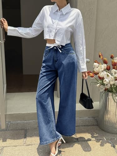 Cicy Bell Womens Wide Leg Jeans High Waisted Drawstring Color Block Patchwork Baggy Loose Y2K Denim Pants with Pockets2