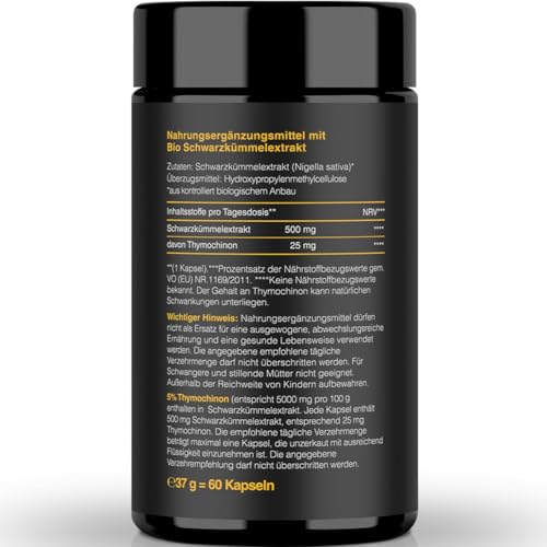 BIO Schwarzkümmelöl Kapseln - 5.000mg Thymochinon/100g - 60 Kapseln vegan im 2-Monats-Vorrat - Lichtschutz MIRON Violettglas - Nigella Sativa Extrakt – laborgeprüft und in Deutschland produziert
