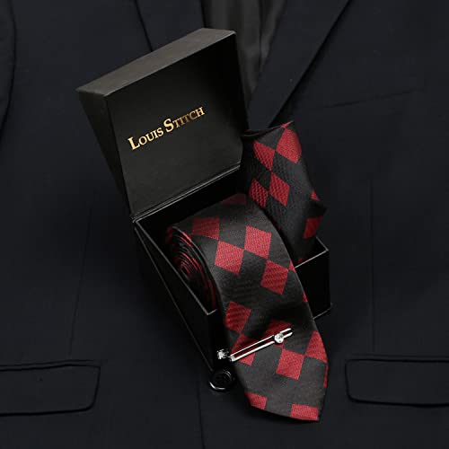 Image of LOUIS STITCH Mens Black Italian Silk Necktie Set Incl Pocket Square Chrome Tiepin American Style Formal Tie Gift Set for Men (TECPBL-#)