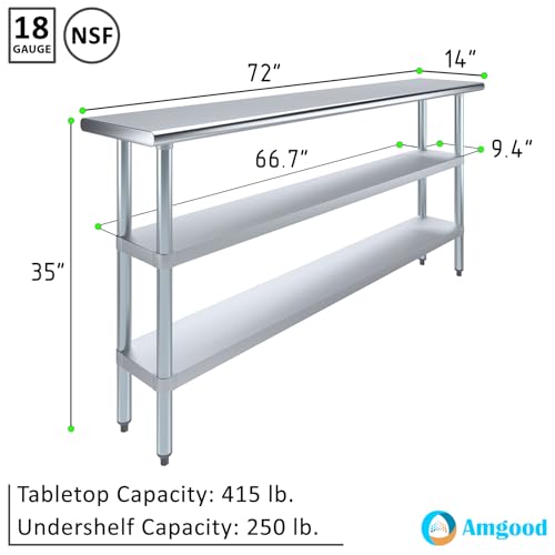 Image of AmGood Stainless Steel Work Table with 2 Shelves | NSF | Metal Utility Table (72 inch Long x 14 inch Deep)