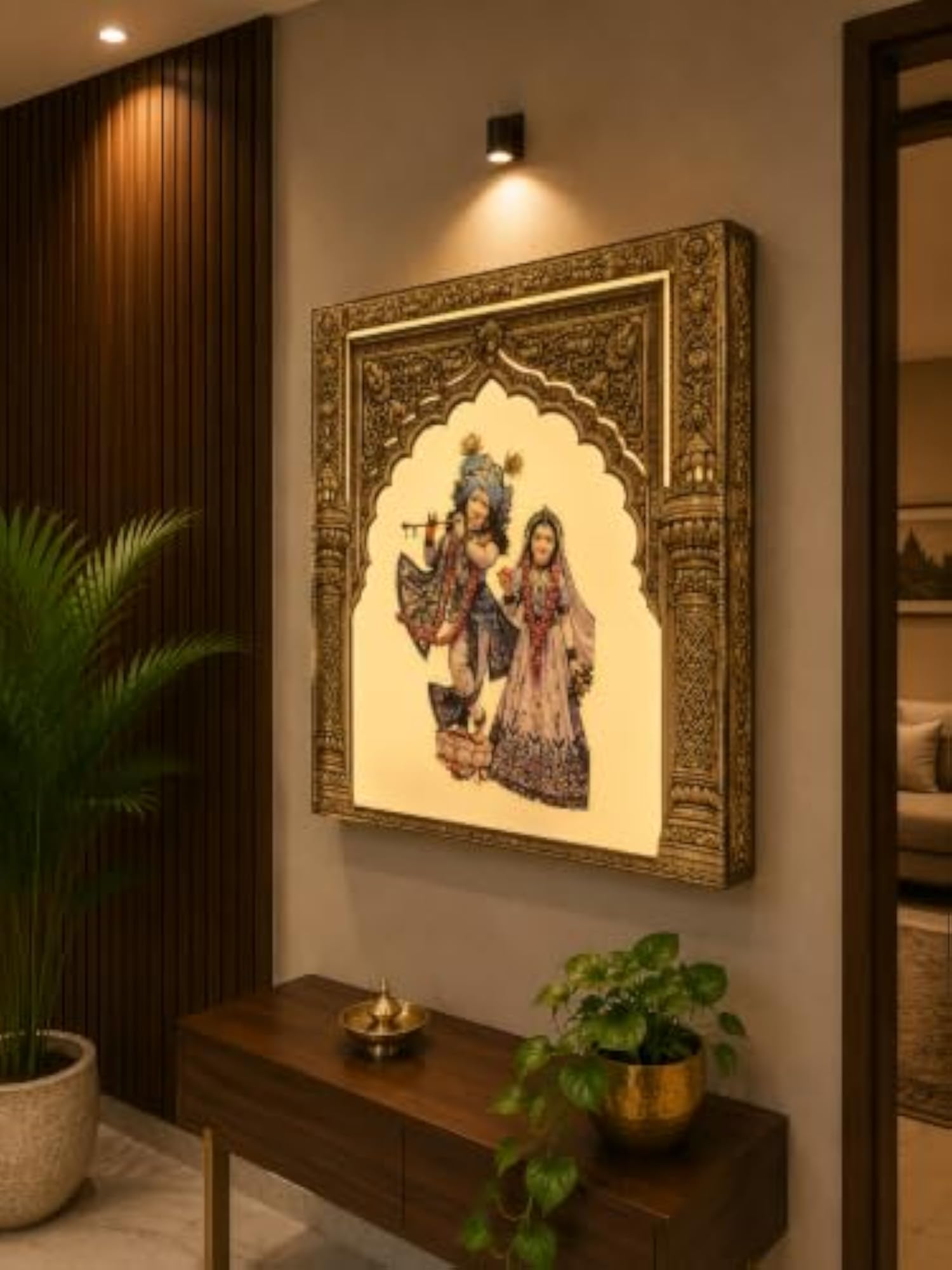 LED Backlit Radha Krishna Wooden Wall Decor