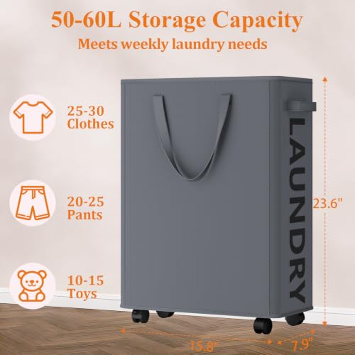 Image of Optish 50L Slim Rolling Laundry Basket with Wheels & Removable Bag, Grey