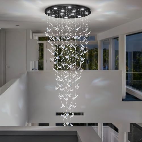 Image of ykolupty H102 High Ceiling Chandelier Modern Crystal Chandeliers Raindrop Chandelier for Staircase Foyer Entryway Living Room Dimmable 3000-6000K (Black Chandeliers)