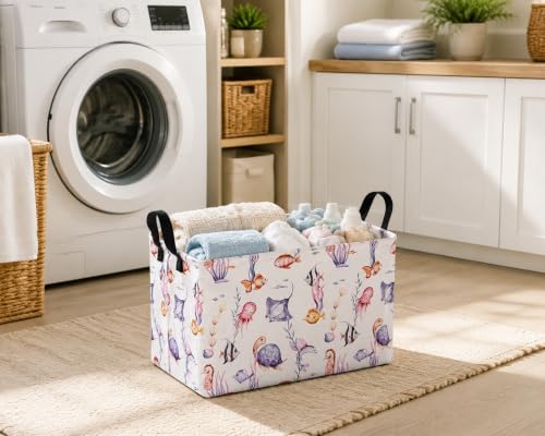 Image of Rectangular Water plants Seahorses Storage Basket with Handles, Hamper Storage Basket Collapsible Organizer Bin for Home and Kitchen Storage