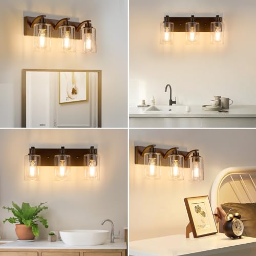 Image of 3-Light Bathroom Light Fixtures Modern ORB Vanity Lights | Easy to Install Clear Glass Shades, Wall Mount Up or Down, E26 Socket, Hardwired, 121V