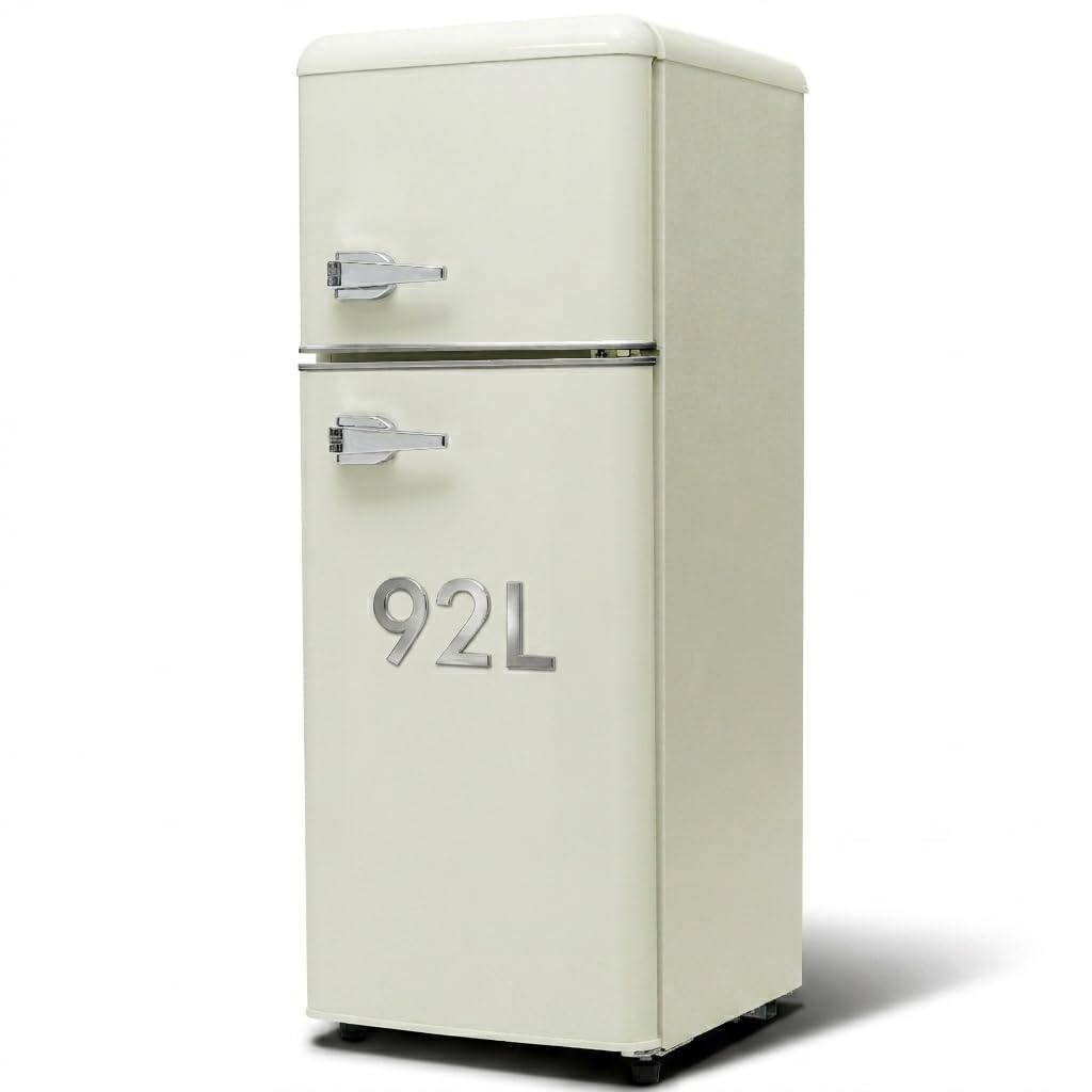 Retro-Kühlschrank, Kühl-Gefrier-Kombination, 92 Liter (mit 28 Liter Gefriervolumen), 116 kWh/Jahr, 105.5 cm hoch, Zweitürig, -27°C ~13°C, LED-Licht, Weiß