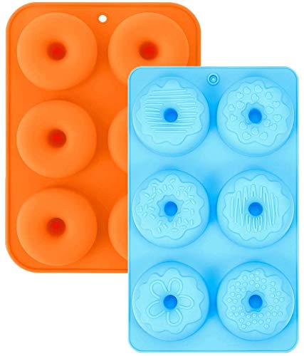 2 Pcs Silicone Donut Pans, 3 Inch Silicone Donut Mold, Cake Baking Tray, Non-Stick Mold, Doughnut Pan, Donut Baking Pan for 6 Full-Size Donuts (Orange, Blue)