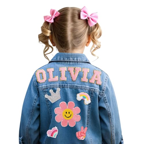 AZUFEMOS Personalized Kids Patch Denim Jacket with Names, Custom Long Sleeve Jean Jacket, Back to School Brithday Easter Gifts for Toddlers, 1-8 Years Old Girls Clothes, Girls Spring Outfits