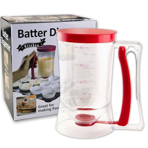 Pancake Batter Dispenser with Squeeze Handle - 4-Cup Measuring Dispenser for Pancakes/Cupcakes/Waffles/Crepes - BPA-Free Pourer with Easy Clean Design - Professional Baking Tools, Red