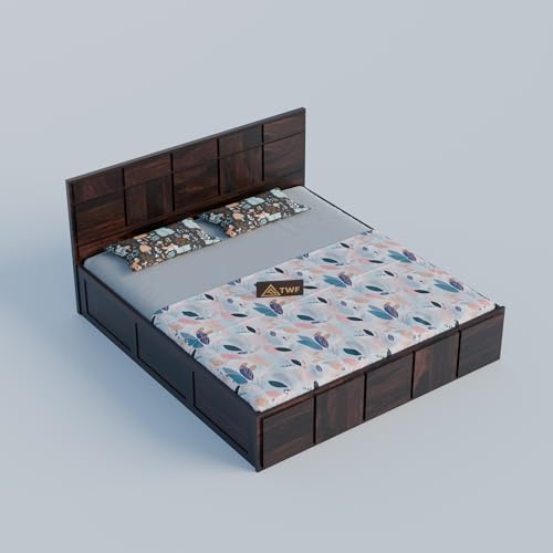 Image of Solid Sheesham Wood Queen Size Bed with Storage Box | Double Bed for Bedroom | Plan Panel Design Wooden Double Bed Cot for Home & Hotels | Rosewood, Walnut Finish