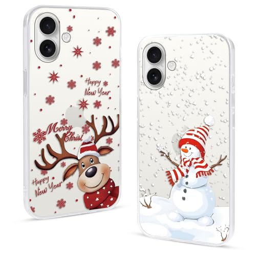 2 Pezzi Natale Cover per Apple iPhone 16 Plus 6.7Albero con Cervo Babbo Regali Fiocco di neve Natalizie Carino Pupazzo di neve di Christmas Regalo Antiurto Protezione Case6 donna