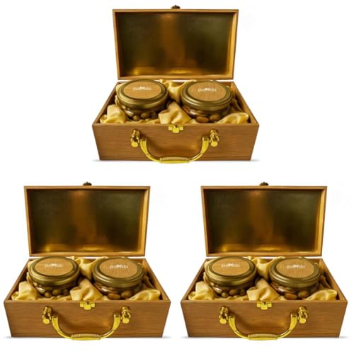 Image of Purevida Premium Dry Fruits Gift Box | Almonds 150g & Cashews 150g | Luxury Beige Wooden Gift Box with Golden Handle | Healthy Christmas & New Year Gift Hamper (Pack of 3)