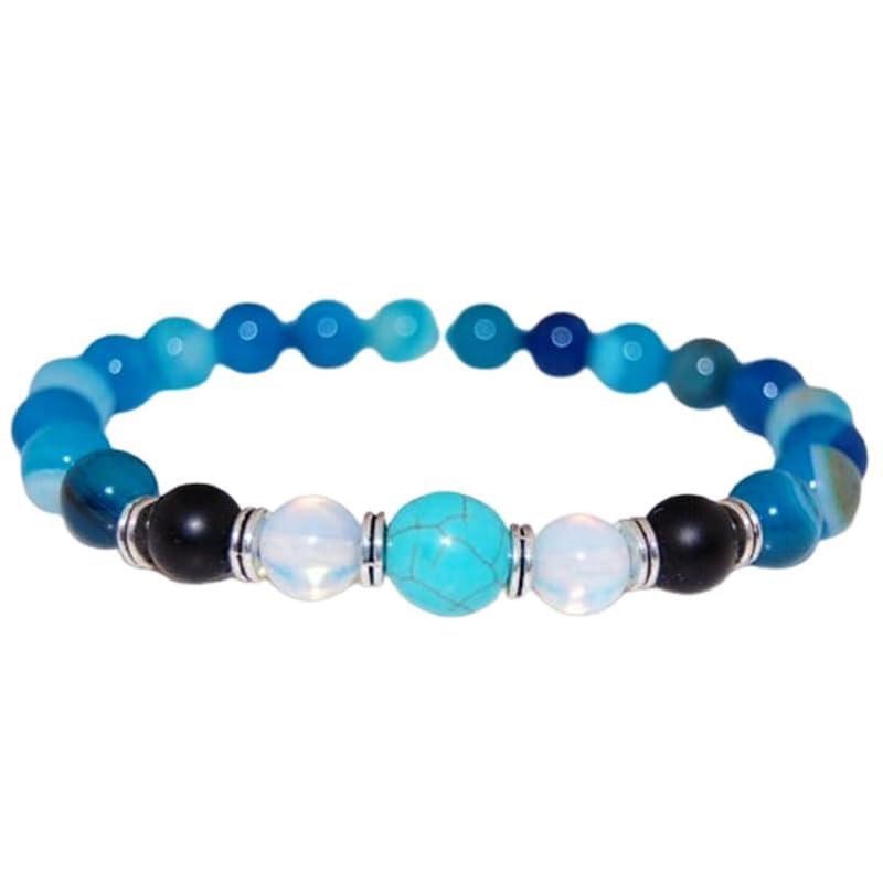 Bracelet pierres naturelles sans fermoir rigide en perles d'agate bleue et onyx