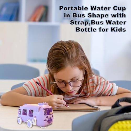Image of ABS Bus Water Bottle For Kids With Strap, Sipper, & Straw|Leakproof, Bpa Free With Sipper and Lock, 500 Ml| Car Water Bottle For Kids|Cute Bus Shaped Water Bottle For Kids (PURPLE)
