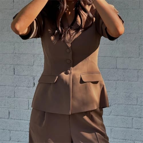Women Solid Blazer Pants Sets Buttons Short Sleeve Jacket Wide Leg Trousers Street Office Suit3